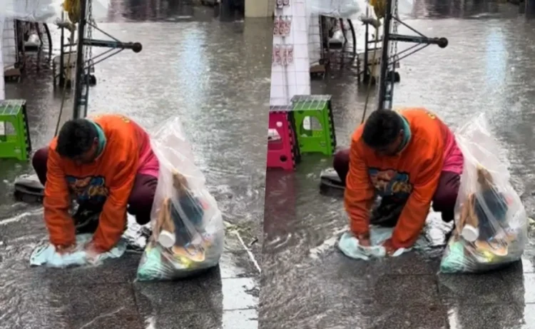 Viral: Hombre sorprende a todos al lavar la ropa en un charco tras las lluvias en CDMX