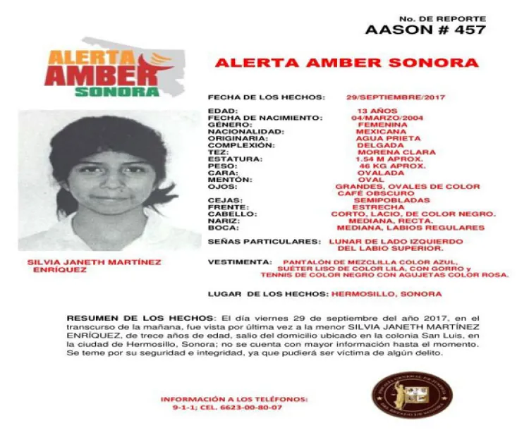 Activan Alerta Amber por menor de 13 años en Sonora