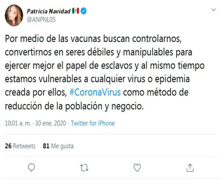 El coronavirus fue creado para controlarnos: Paty Navidad