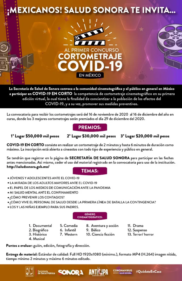 Invita Salud Sonora al primer concurso de cortometraje sobre Covid