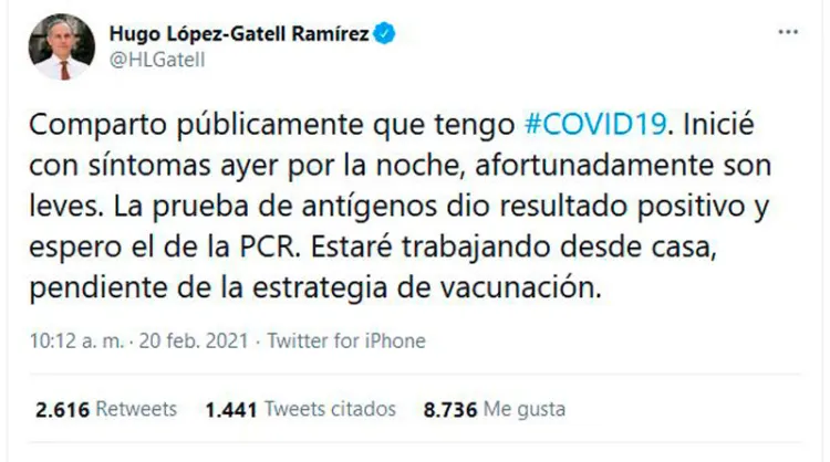 López-Gatell da positivo a Covid-19; son síntomas leves, asegura