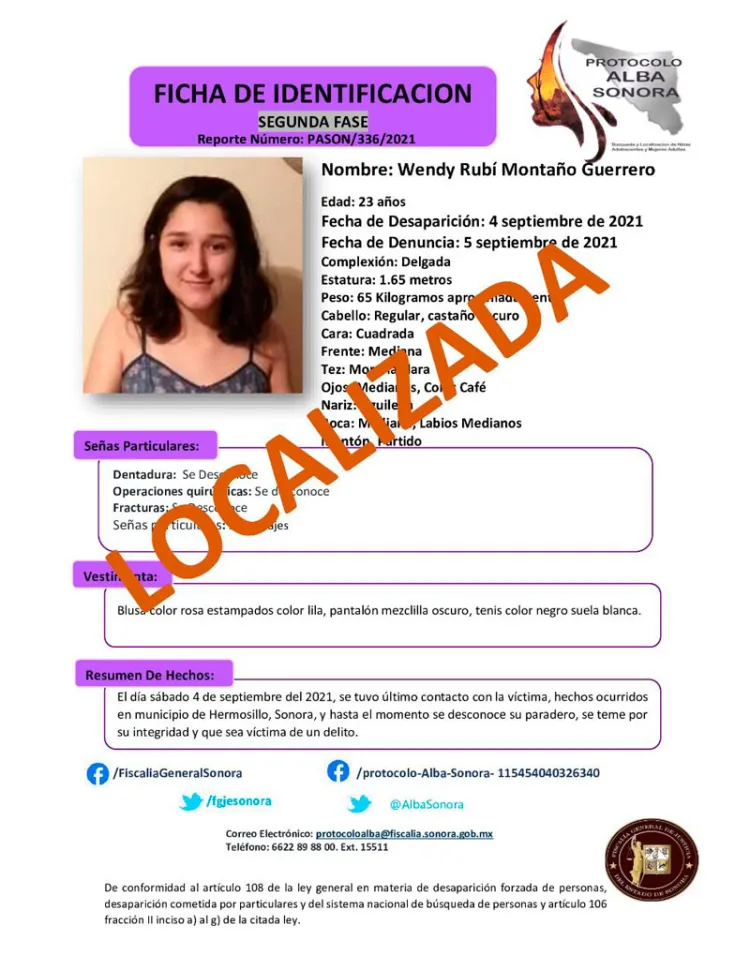 Desactiva FGJE alerta al encontrar a Wendy