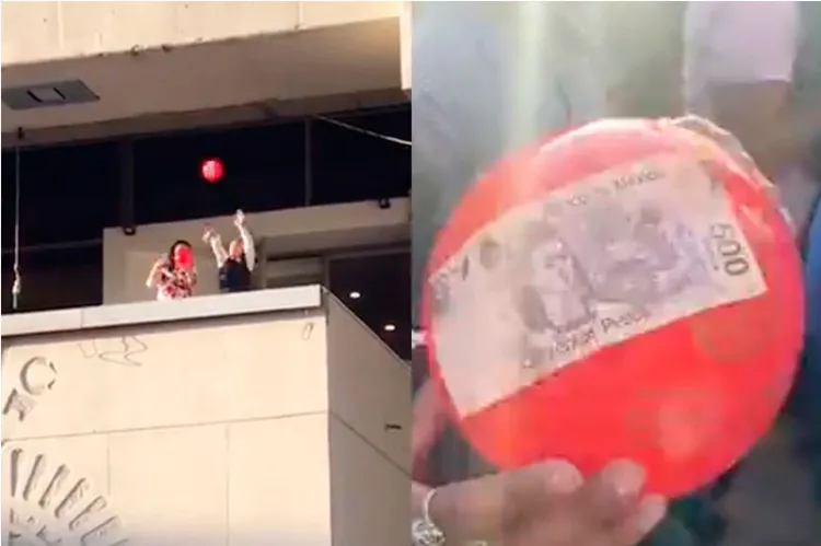 Alcaldesa lanza pelotas con billetes de 500 pesos